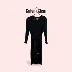 Calvin Klein Women’s XL Black Knit Sweater Dress Long Sleeve Tie Waist